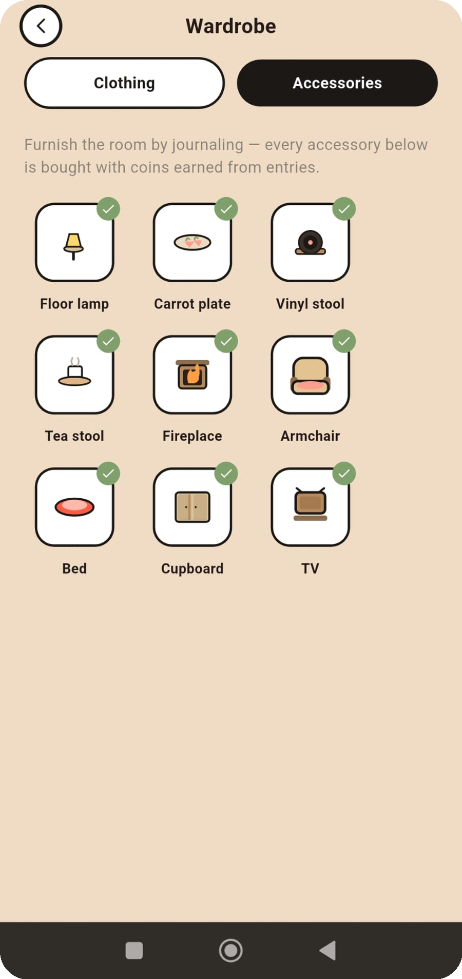 Accessories tab showing room decorations