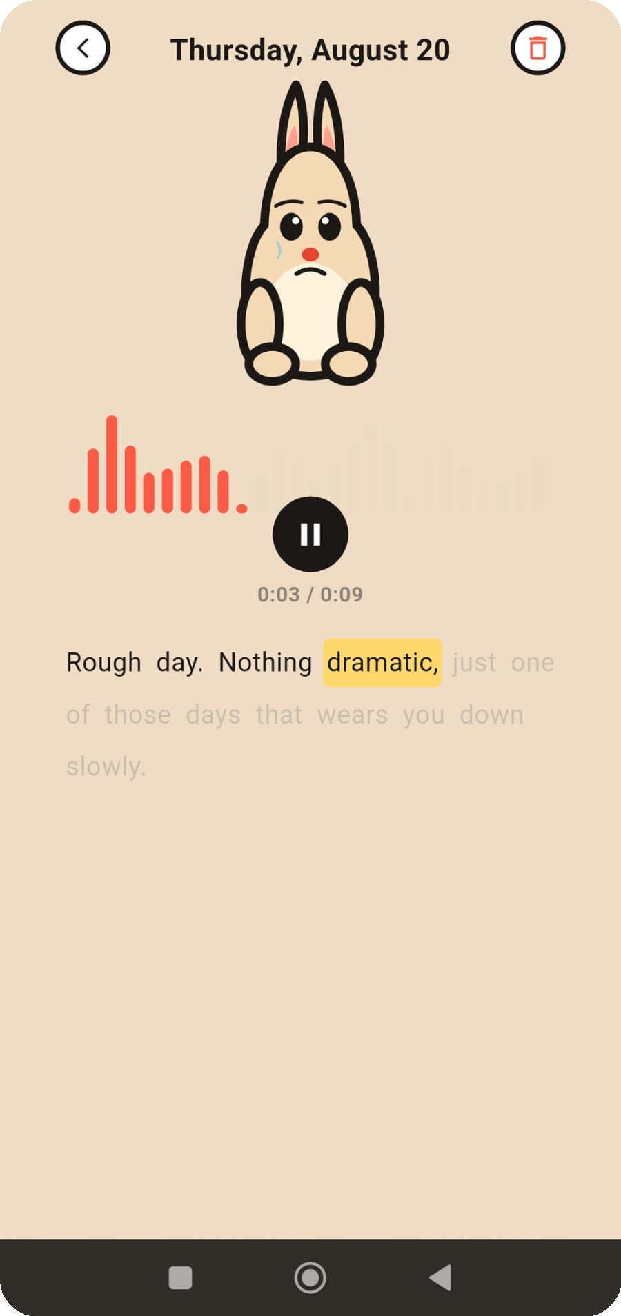 Note screen showing a sad mood entry with transcript