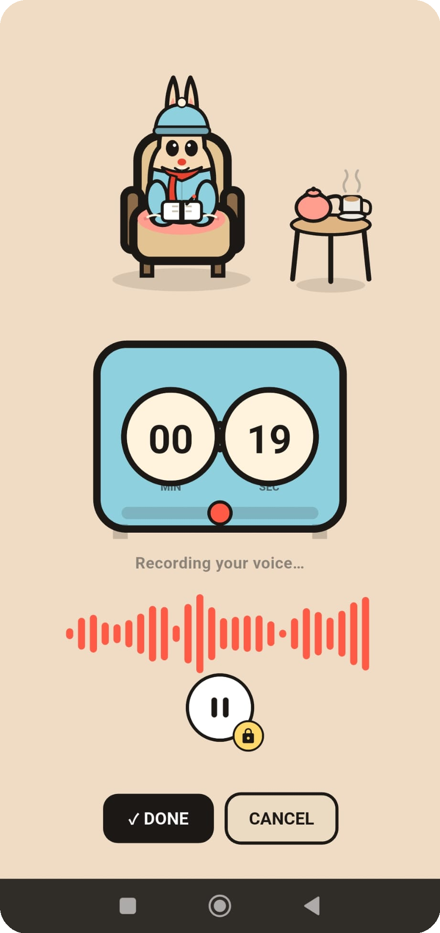 Recording screen with waveform and timer